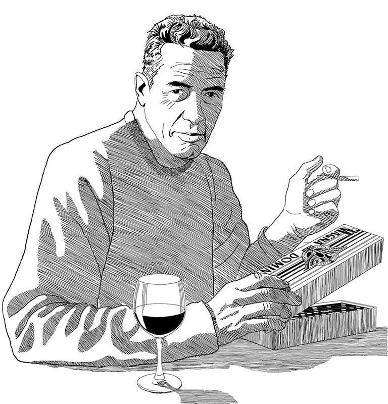 Drawing of Bill Hargis with cigarette, wine and dominos