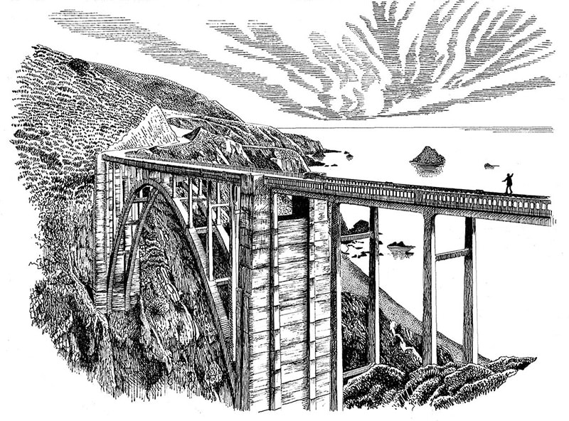 Drawing of man walking on railing of Bixby Bridge.