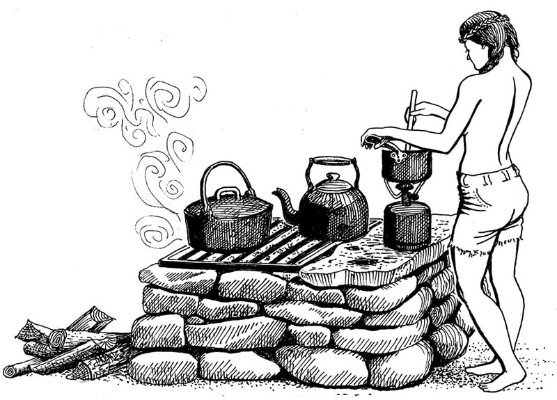 Drawing of the author standing at an outdoor stone-built cooking platform.