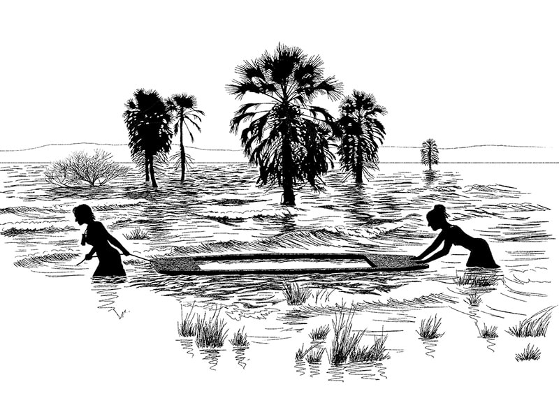 two women pull a waterlogged punt