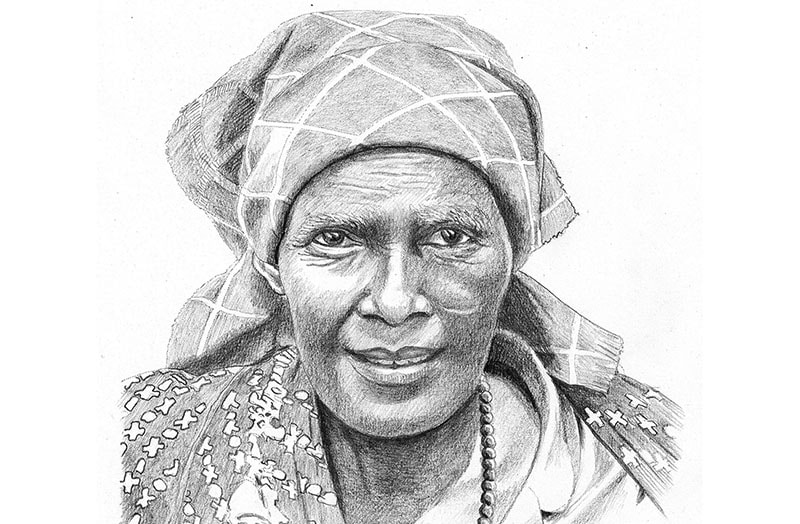 Drawn portrait of African woman in headscarf.