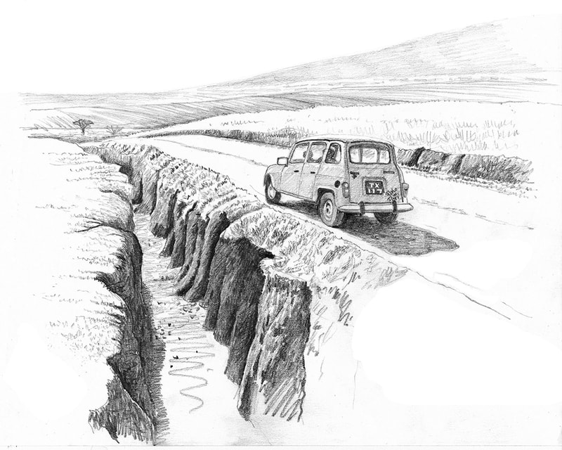 Drawing of small Renault car on dirt road beside deep gully. 
